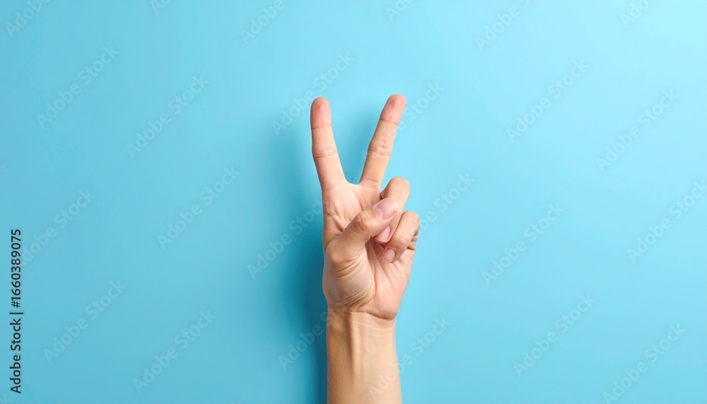 Peace Sign Hand Gesture on Blue Background Peace Sign Hand Gesture on Blue Background