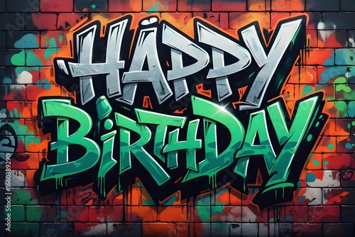 Colorful Happy birthday graffiti on wall 