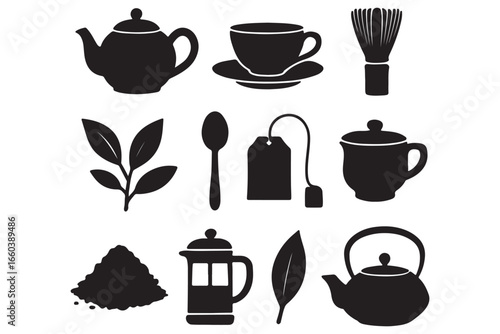tea and tea accessories icons including teapot, tea leaves, tea cup, spoon, tea bag, whisk, and French press for tea lovers and brewers.