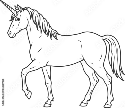 Elegant unicorn with flowing mane and horn stands majestically, ready for magical adventures.