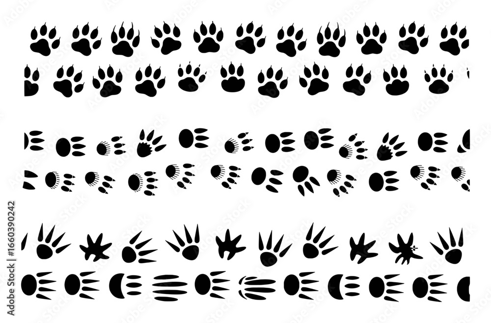 Naklejka premium Collection of Animal Paw Prints and Tracks in Black and White