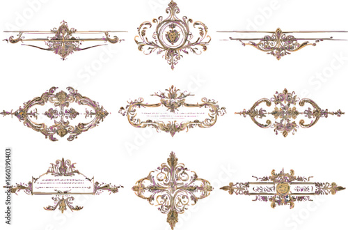 Assortment of decorative vintage frames and flourishes with gold and pink accents on white