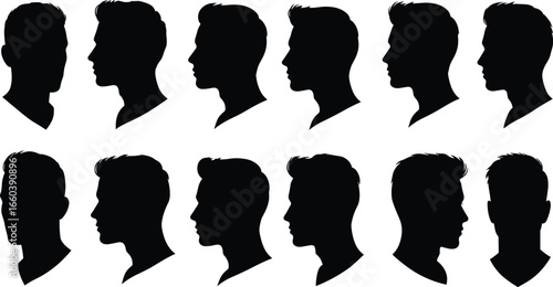 male head profile silhouettes collection, short hair styles, black outline design, vector illustration, human face icons, hairstyle variation art graphics