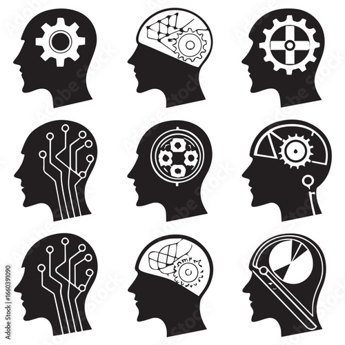 Abstract representation of human minds with intricate mechanical and electronic components symbolizing intellect innovation and technological advancement