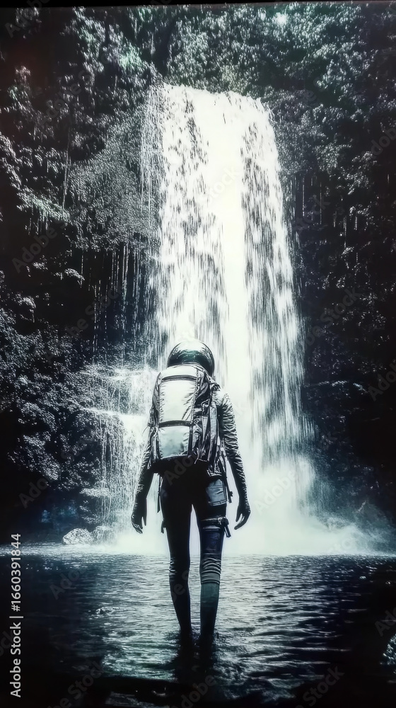 Obraz premium An astronaut exploring a vibrant, alien world. The adventurer stands before a powerful waterfall.