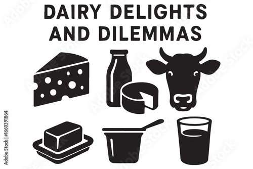 "Dairy delights and dilemmas vector icons featuring cheese, milk, butter, cow, yogurt, and glass of milk, ideal for dairy, food, and lifestyle themes"