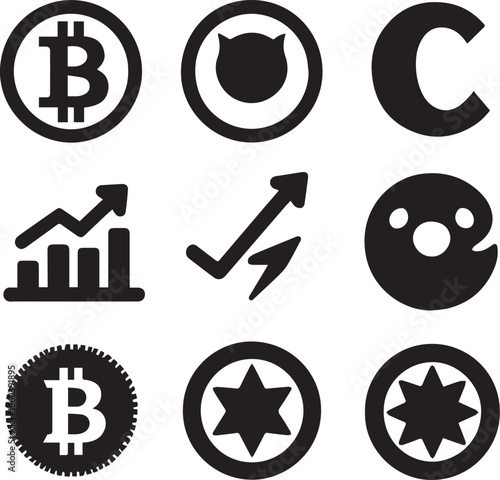 Monochromatic vector icons representing concepts of modern digital finance, virtual currency markets, and upward economic trends for investment strategies.