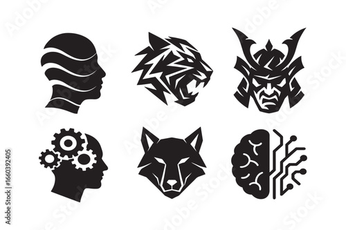 Collection of Vector Logos Representing Mind Technology and Animalistic Traits Creative Design Elements and Symbolic Illustrations