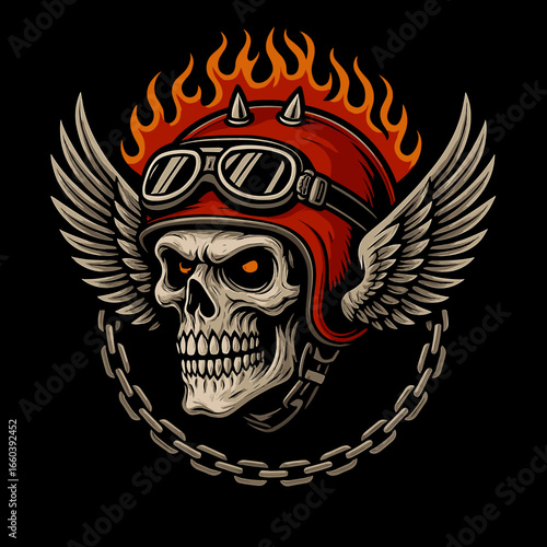 Fiery winged skull biker helmet, rebel spirit