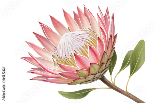 Wallpaper Mural Isolated protea flower with stem and green leaves Torontodigital.ca