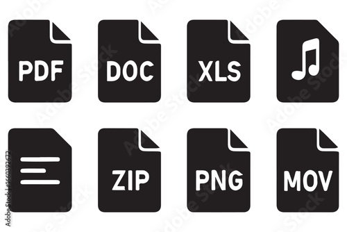 "Vector icons of common file types including PDF, DOC, XLS, ZIP, PNG, MOV, and more, ideal for digital files, document management, and data organization"