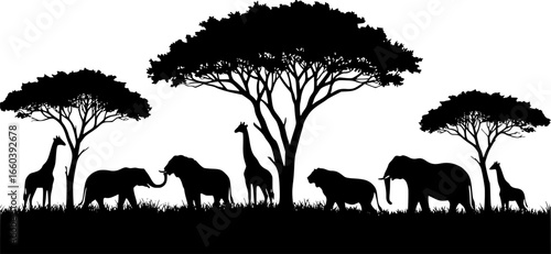 African safari animals and trees in silhouettes scene

