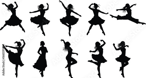 Female dancer silhouettes, various poses, motion, elegance, performance, dance, art, beauty