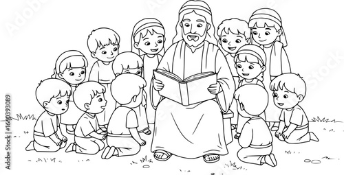 Jesus reading the Bible with Children coloring page.
