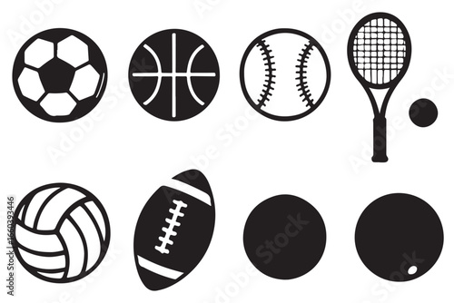 "Sports vector icons including soccer ball, basketball, baseball, tennis racket, volleyball, football, and more, perfect for sports, fitness, and recreation themes"