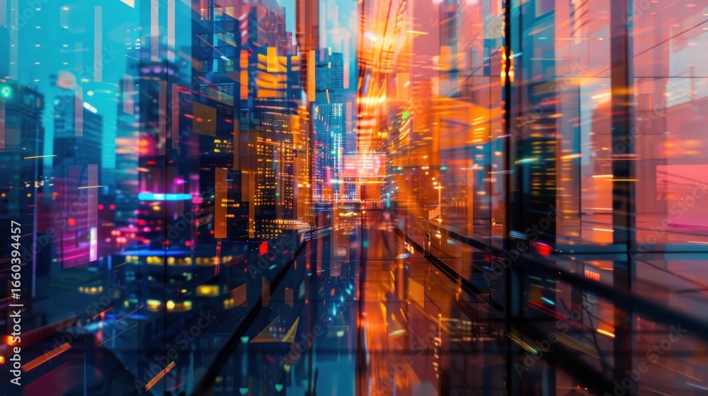 Obraz premium Vibrant night cityscape reflection