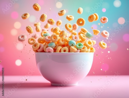 Whimsical bowl overflowing with colorful cereal and sweet marshmallows