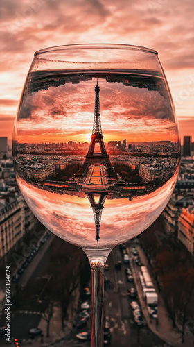 Eiffel Tower beautifully inverted in a drink glass. Sunset paints the Paris sky with vibrant, dramatic hues.