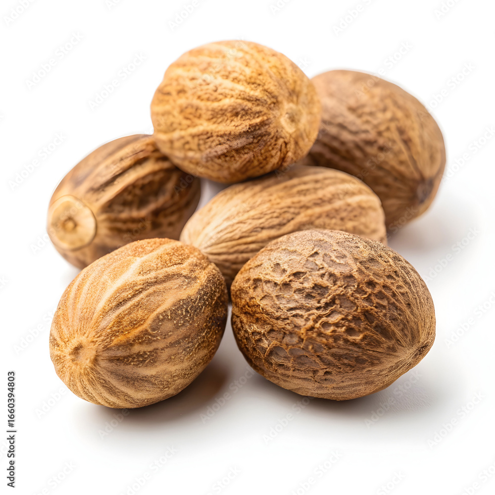 Dried nutmeg seeds are aromatic spices with warm, sweet flavor used in baking, cooking, beverages, Dried nutmeg seeds are aromatic spices with warm, sweet flavor used in baking, cooking, beverages,