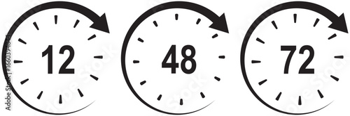 Triple clockwise timer set 12,48,72, black outline. black 12 hour icon. Timer Icons Set Bold and Filled. Twelve hour delivery clock icon graphic. Set of 12 circular clock icons showing 1 to 12 hours