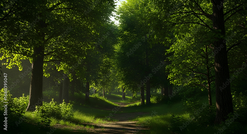 Obraz premium Sunlit forest path with lush green trees and dappled sunlight creating a peaceful atmosphere