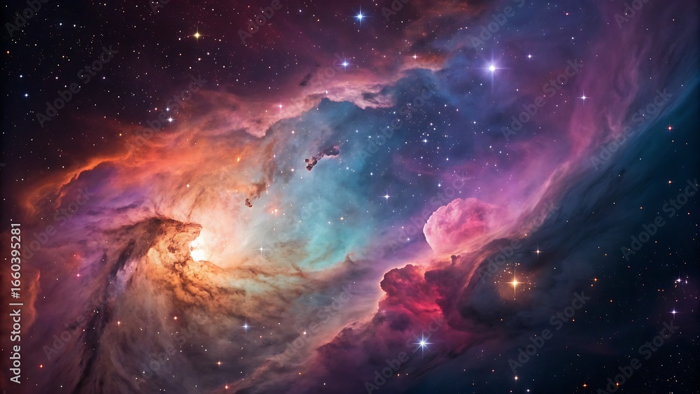Fototapeta premium Colorful Cosmic Cloud and Distant Stars in Deep Space Night Sky Adventure, Wonder