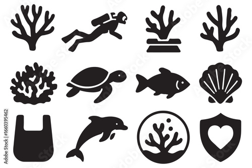 "marine life icons featuring coral reefs, sea creatures, diving, and ocean conservation symbols"