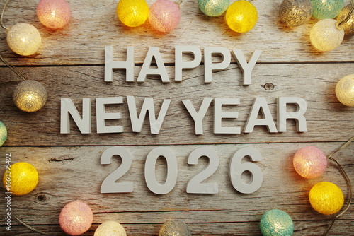 Happy New Year 2026 alphabet letters on wooden background
