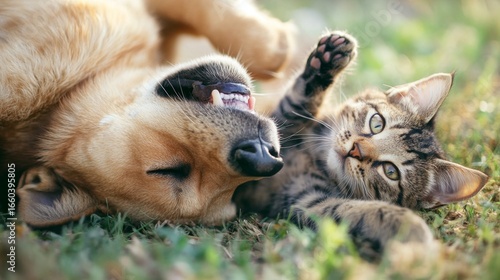Playful moments a dog and cat together in a lush green park joyful interaction nature scene close-up perspective