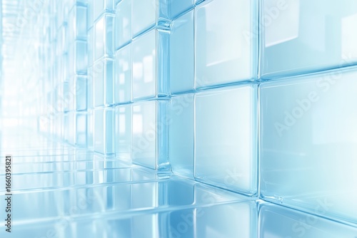 Abstract dark 3d background with glass curve wave effect of transparent square plates row. Crystal line pattern with blue gradient, light refraction, flare. ...