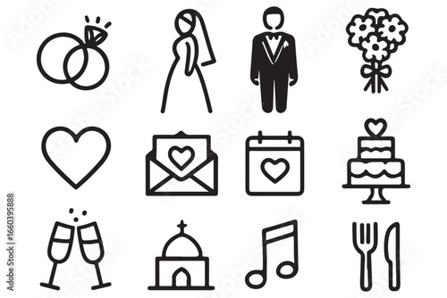 wedding related line art icons featuring rings, bride, groom, bouquet, calendar, heart, cake, church, music, and food