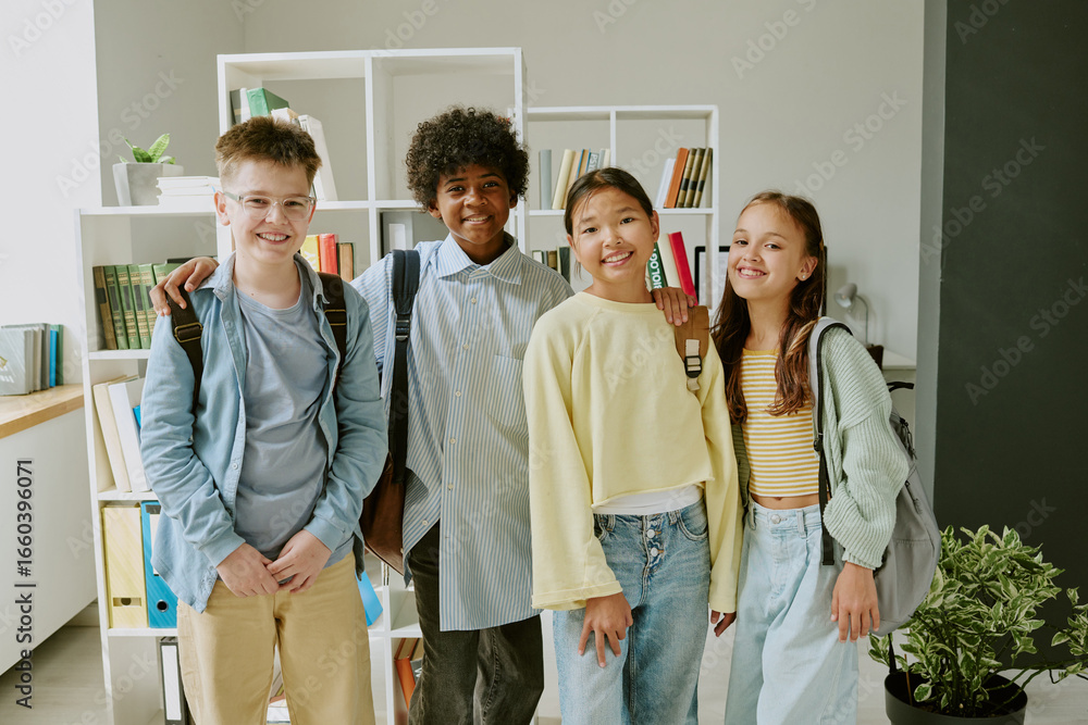 Φωτογραφία Group of diverse teenagers standing together smiling at camera, multiethnic boys