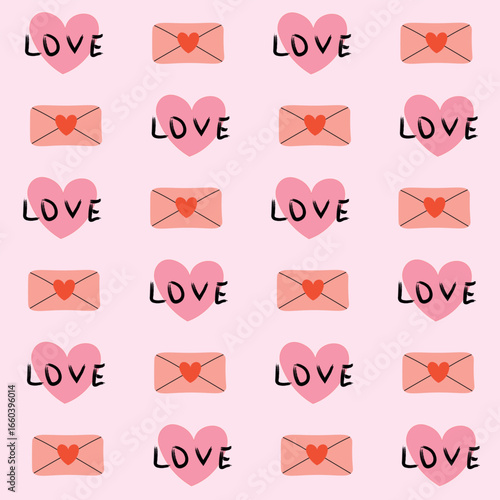 Seamless pattern with pink hearts with the word "LOVE" and envelopes with small hearts.for various design projects, including textiles, packaging, stationery, and digital backgrounds.