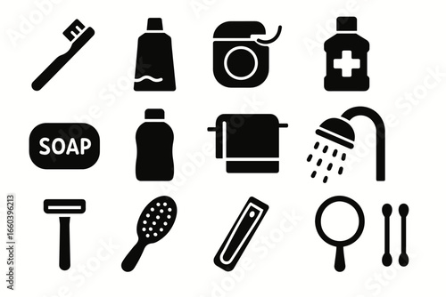Black and white icons of essential personal hygiene and grooming items