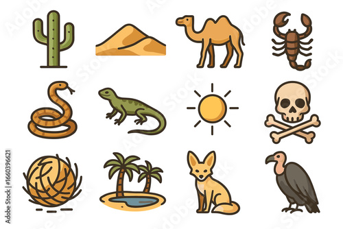 Desert icons: cactus, camel, scorpion, snake, skull, and more