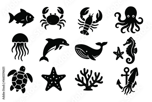 Collection of marine animal silhouettes including fish, crab, lobster, and octopus
