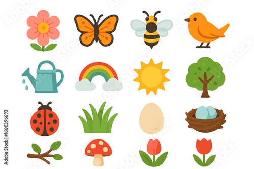 Colorful spring icons: butterfly, ladybug, flowers, and more nature symbols