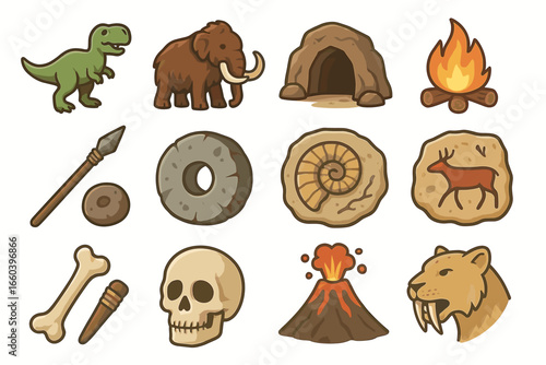 Prehistoric icons: dinosaurs, mammoths, and early human tools in ancient scenes