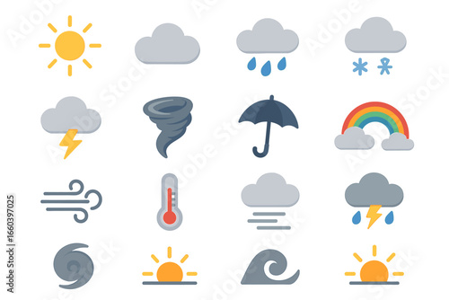 Weather icons: sun, cloud, rain, snow, lightning, tornado, umbrella, rainbow, wind, waves