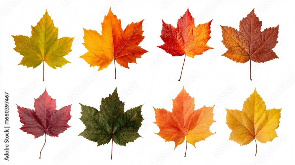 Fototapeta premium Vibrant Autumn Maple Leaves Set Isolated on White Background
