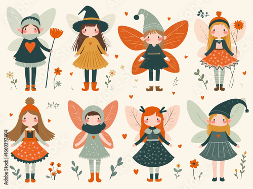 Whimsical Fairy Friends Pattern With Wings, Witches, And Autumn Costumes In Soft Coral And Teal Tones