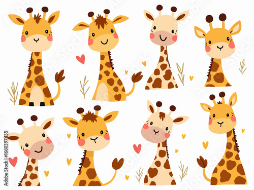 A funny vector cartoon set of cute safari animals like a giraffe, lion, and elephant, perfect for jungle illustration