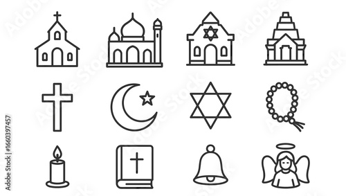 Outline icons of religious symbols and buildings: church, mosque, synagogue, temple