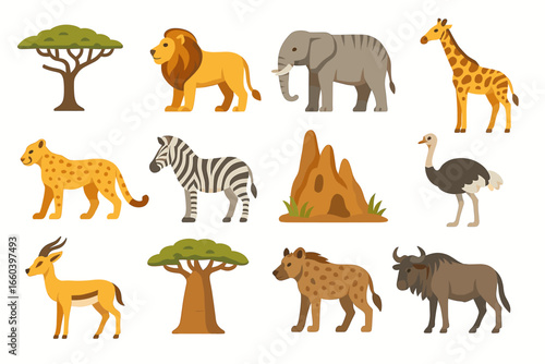 African safari wildlife set featuring lion, zebra, elephant, giraffe, and more