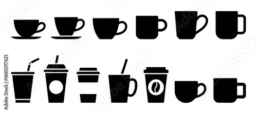 Collection of Black Silhouette Coffee Cups and Drink Containers