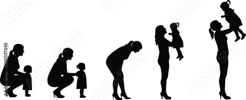 Mother and child silhouette interaction, family bonding vector, cad drawing flat illustration, parenthood love concept, isolated black figures art