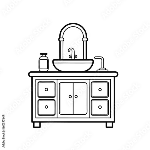 Clean line drawing bathroom vanity unit isolated on white background.