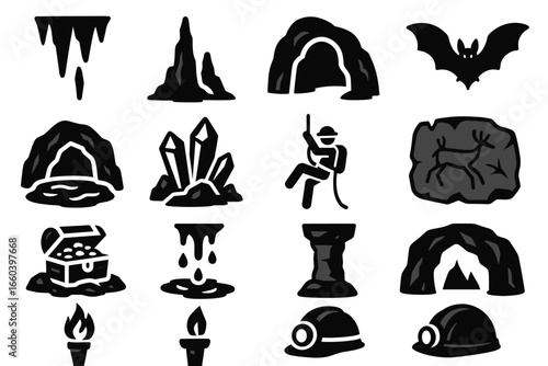 Cave exploration icons set featuring stalactites, stalagmites, crystals, and helmets
