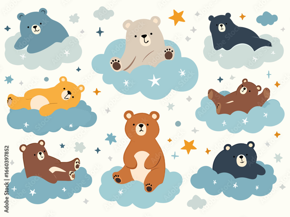 Obraz premium Cute Bear Friends On Clouds Pattern Illustration For Kids, Playful, Dreamy And Cozy