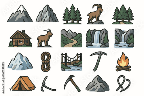 Adventure icons: mountains, waterfalls, goats, rope bridge, campfire, tent, pickaxe